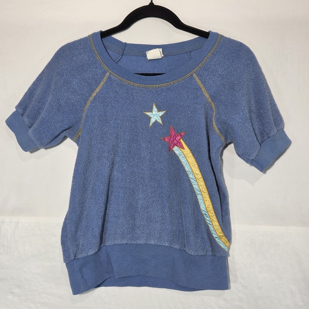Vintage 80's Youth Girls Terry Cloth Sweatshirt Large Blue Shooting Star Retro